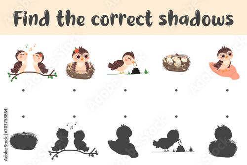 Find the correct shadow of the cute birds. Educational logical game for children. Cartoon birds.