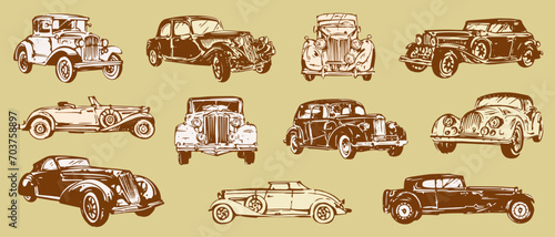 Set of vintage car. Collection of retro antique vehicle. Hand drawn transport silhouette or logo design template. Vector illustration