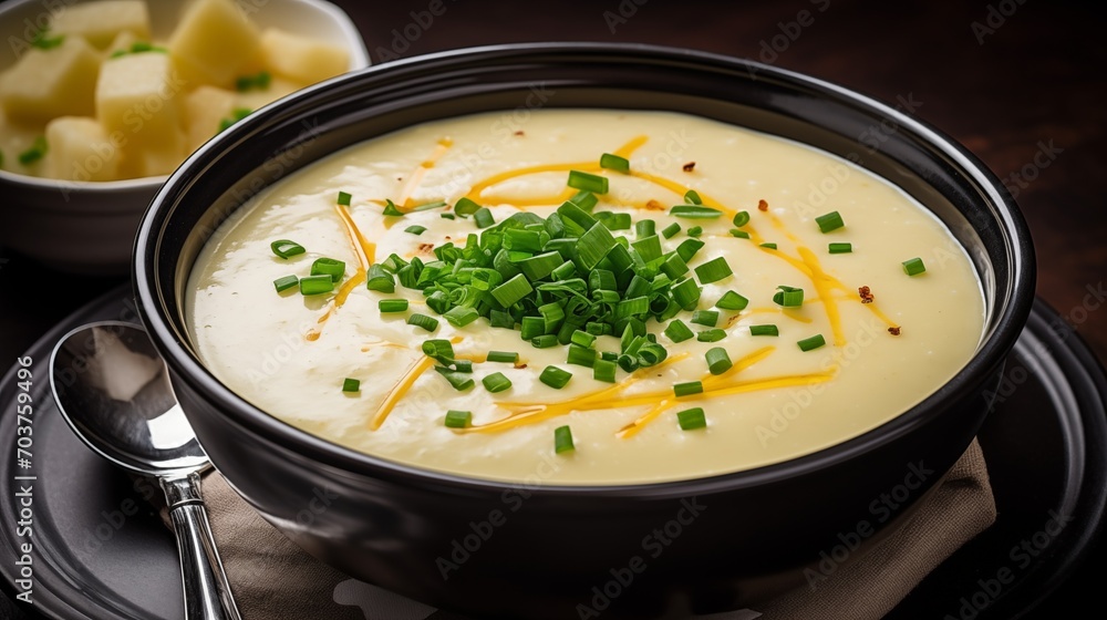 A bowl of creamy potato soup with cheddar cheese and chives