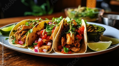 A plate of spicy chicken tacos with salsa and guacamole