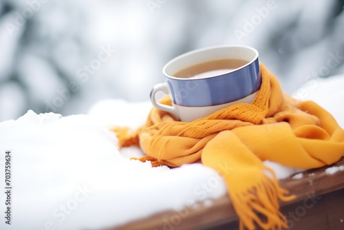 cup of tea on snow pile with scarf photo