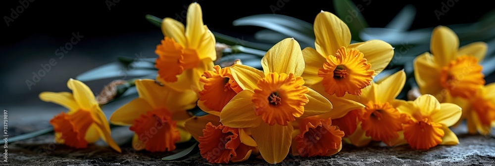 Vibrant Daffodils Yellow Petals Orange Cone, Banner Image For Website, Background, Desktop Wallpaper