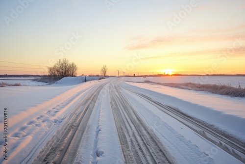 fresh tire tracks on a snowy hill road at sunrise