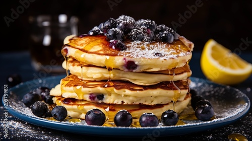 A stack of blueberry ricotta pancakes with lemon zest