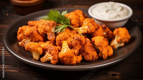 A plate of spicy buffalo cauliflower bites with blue cheese dip