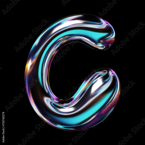 Holographic 3D letter C in Y2K retro futuristic style. Featuring a glossy balloon bubble surface with a metallic reflective effect. Volumetric three-dimensional render, isolated vector illustration