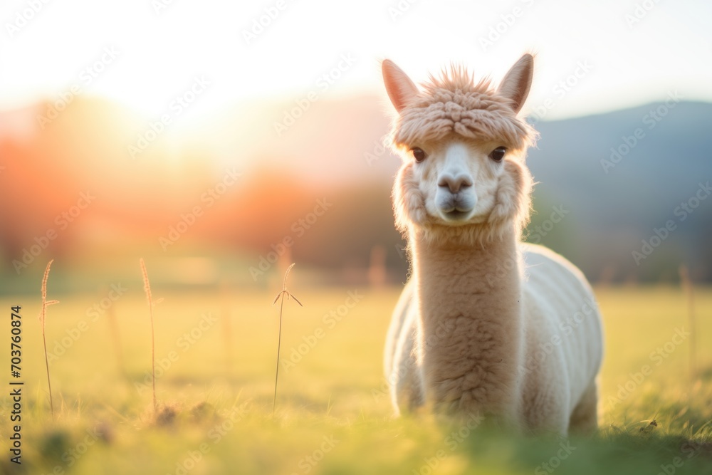 Fototapeta premium alpaca looking at camera in bright sunlit pasture