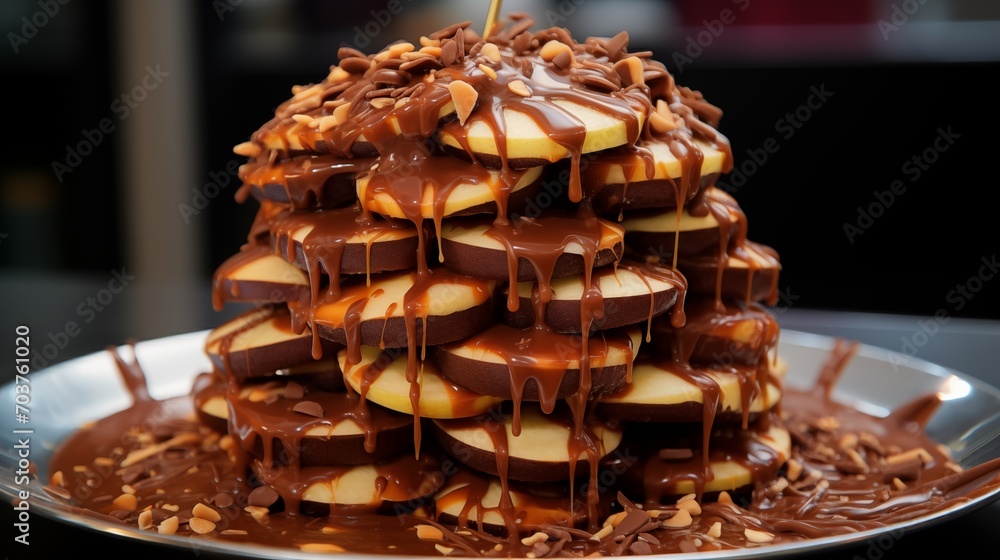 A tower of chocolate-dipped apple slices with caramel drizzle