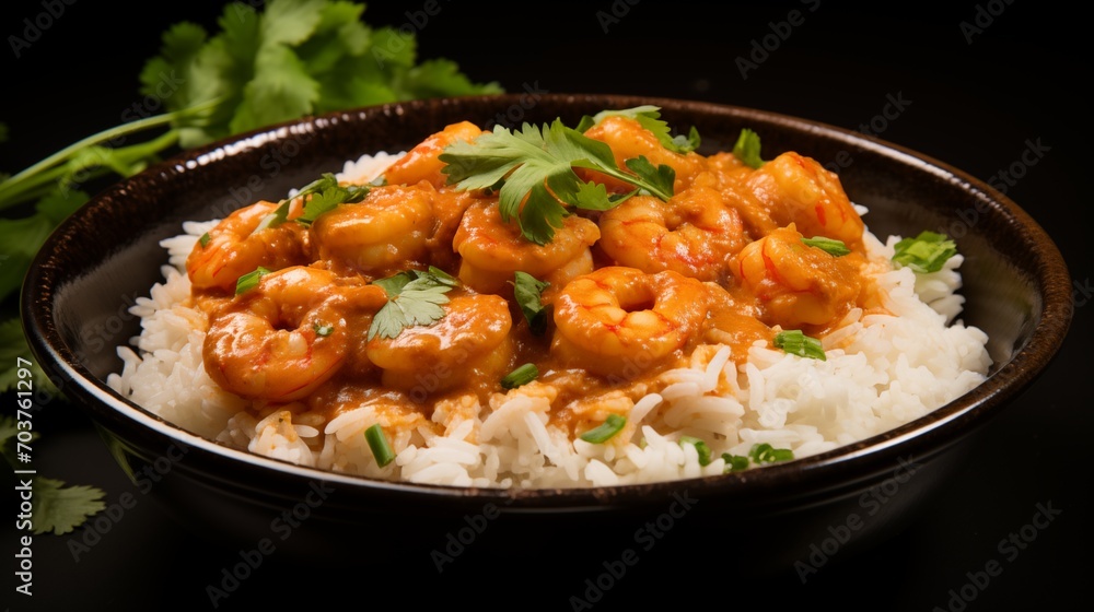 A bowl of spicy coconut shrimp curry with basmati rice A bowl of spicy coconut shrimp curry with basmati rice