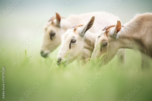 goats nibbling grass in haze photo