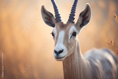 dewy-eyed arabian oryx in the early morning light photo
