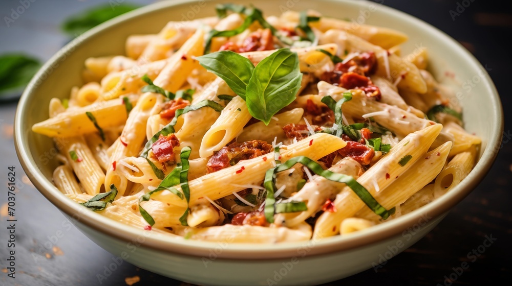 A bowl of creamy sun-dried tomato and basil pasta