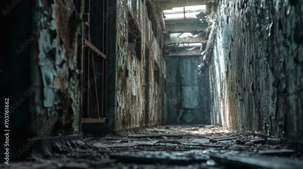 Generative AI Close-up view of Chernobyl's reactor sarcophagus, cracked walls, weathered structure, eerie atmospheric lighting, detailed linework