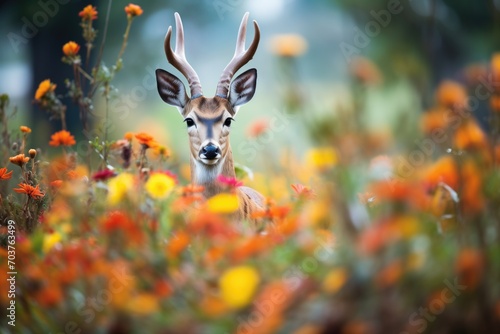vibrant flowers framing a bushbuck in the wild photo