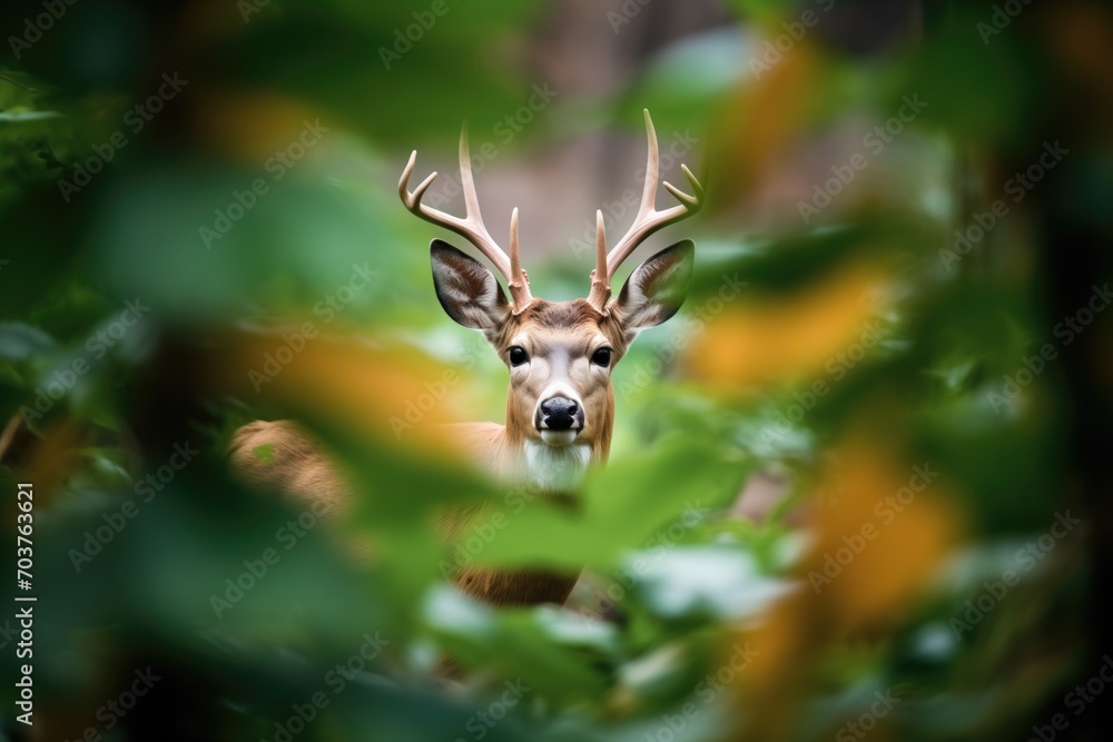 a bushbucks eyes peeking through dense leaves