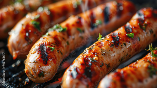 Delicious and appetizing sausages on the grill, close-up.