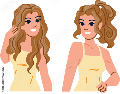 model hairstyle woman vector. long care, straightener style, brown mirror model hairstyle woman character. people flat cartoon illustration