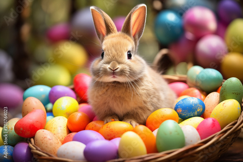Funny easter concept holiday animal celebration greeting card - Cute little easter bunny, rabbit sitting in basket with many colorful painted esater eggs © ERiK