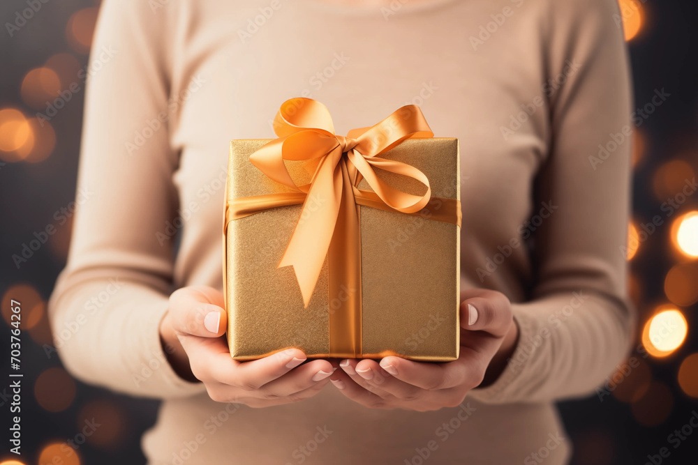 Woman hands holding elegant present gift box with golden ribbon