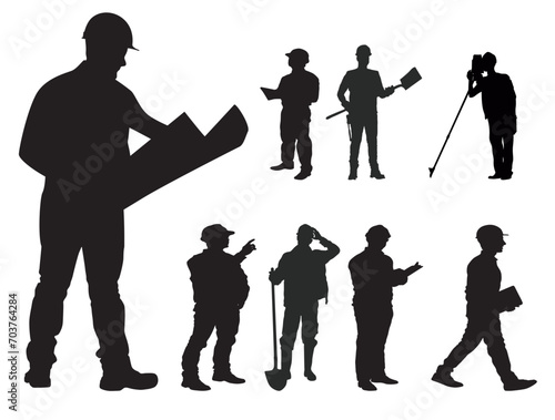 Set of engineer and construction worker silhouette vector on white background, industrial people concept.