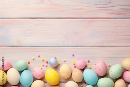 Easter holiday celebration banner greeting card with pastel painted eggs on bright wooden tabel texture