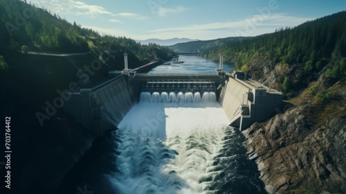 Generative AI Drone shots of a dam or hydroelectric power plant  emphasizing the engineering marvel from an aerial viewpoint.
