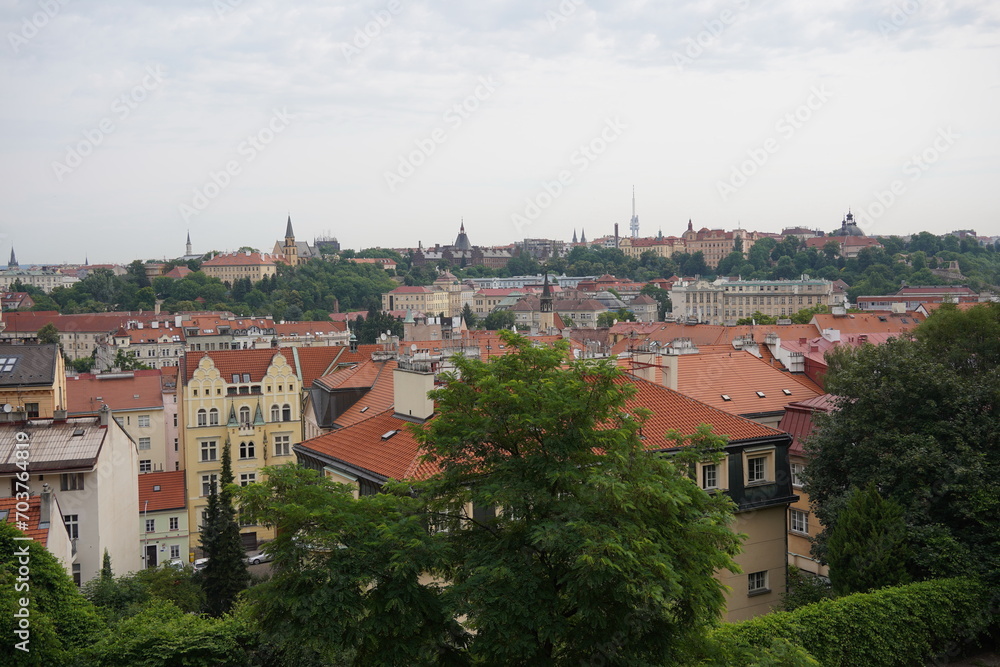 Scenic view of the red rooftops of the old houses in Prague, Czech Republic