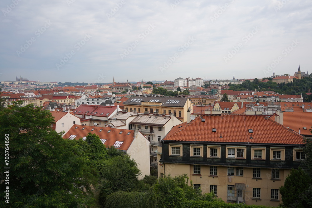 Scenic view of the red rooftops of the old houses in Prague, Czech Republic