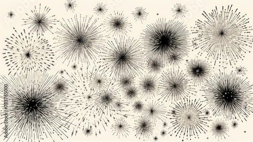 Generative AI Engraved-style line art of fireworks bursting in various shapes and sizes. © vadosloginov