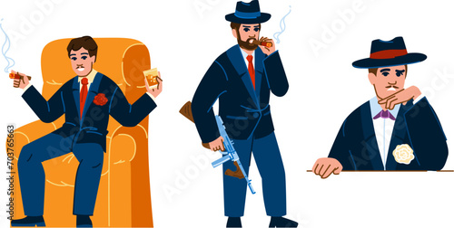 man mafia boss vector. silhouette detective, hat gangster, noir suit man mafia boss character. people flat cartoon illustration