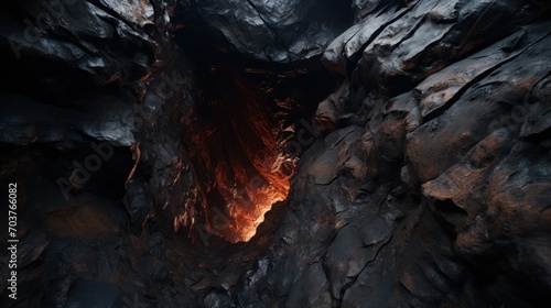 Lava Tube Cave Interior with Glowing Light. A mysterious view inside a dark lava tube cave illuminated by the natural glow of molten lava beneath the earth's surface.