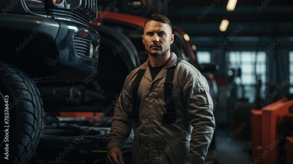 professional mechanic, worker working repair leaning under a vehicle in a garage, Auto car repair service center. Mechanic examining car suspension, Generative AI professional mechanic, worker working repair leaning under a vehicle in a garage, Auto car repair service center. Mechanic examining car suspension, Generative AI