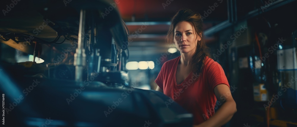 professional mechanic woman, worker working repair leaning under a vehicle in a garage, Auto car repair service center. Mechanic examining car suspension, Generative AI professional mechanic woman, worker working repair leaning under a vehicle in a garage, Auto car repair service center. Mechanic examining car suspension, Generative AI