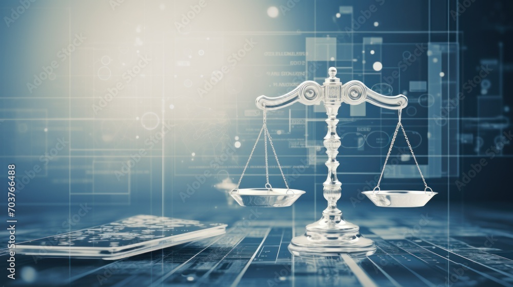 Unbiased artificial intelligence, Scales of Justice in Digital World Concept. Digital illustration Scales on futuristic blue data network background. Fairness and equality in ethical AI systems - obrazy, fototapety, plakaty 
