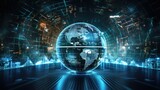 Global AI Influence Digital, global impact of AI Concept. Digital representation of the globe highlighting the worldwide impact of artificial intelligence within futuristic cybernetic space.