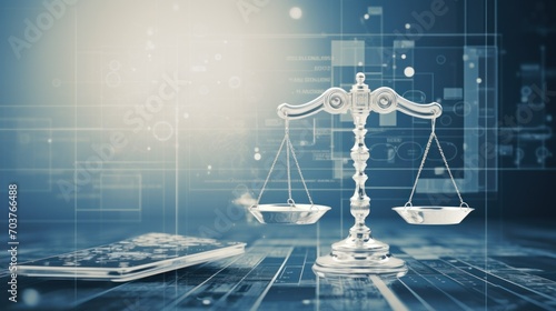 Unbiased artificial intelligence, Scales of Justice in Digital World Concept. Digital illustration Scales on futuristic blue data network background. Fairness and equality in ethical AI systems photo