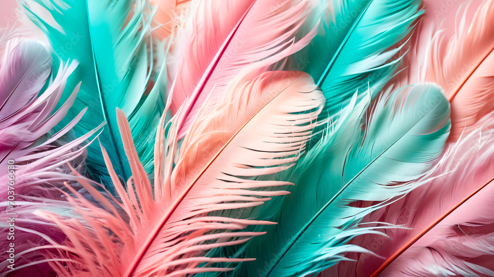 Fototapeta premium Colorful feathers background. Close-up of colorful feather texture.