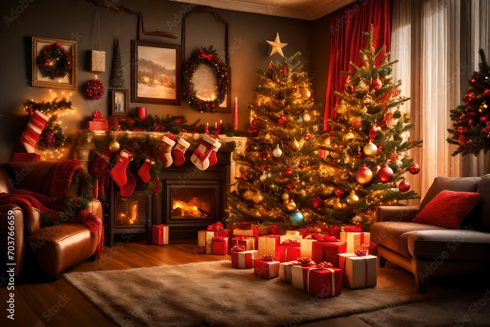 A warmly lit Christmas living room featuring a beautifully trimmed tree, wrapped presents, and festive ornaments