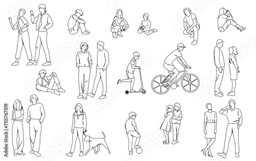 Silhouettes men, women, teenagers and children standing, walking, sitting, linear sketch, black color, vector, group rest people, students, design concept of flat icon, isolated on white background