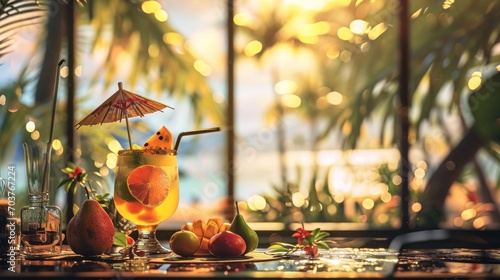  a glass of orange juice with an umbrella and fruit on a table in front of a window with a view of the ocean. © Oleg