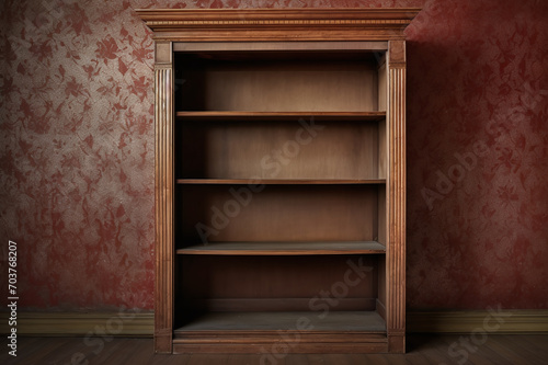 Old, wooden, bookcase with empty shelves against the wall