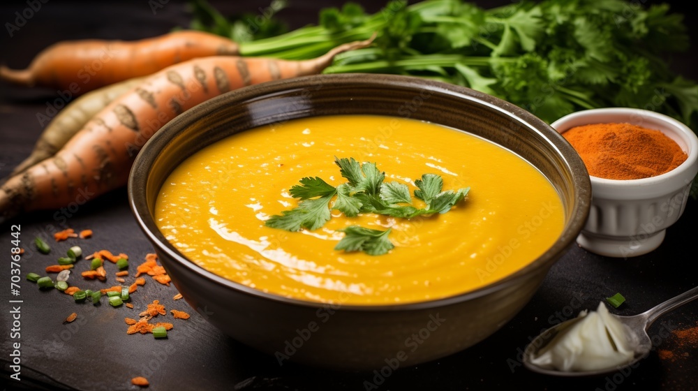 A bowl of creamy sweet potato and carrot soup with ginger A bowl of creamy sweet potato and carrot soup with ginger