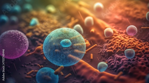 Macro shot of different types of microbes. Virus cells and bacteria on abstract background.