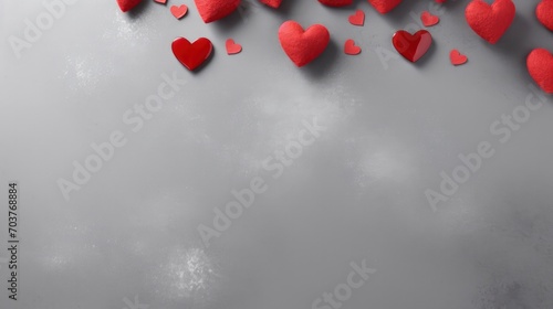 Red hearts on gray background with copy space. Valentines day poster or greeting card
