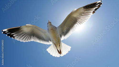 Seagull flying with blue sky background. sky and bird bottom up view landscape. AI Generative