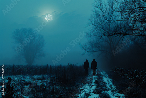 Man and woman walking in a foggy winter forest at night.