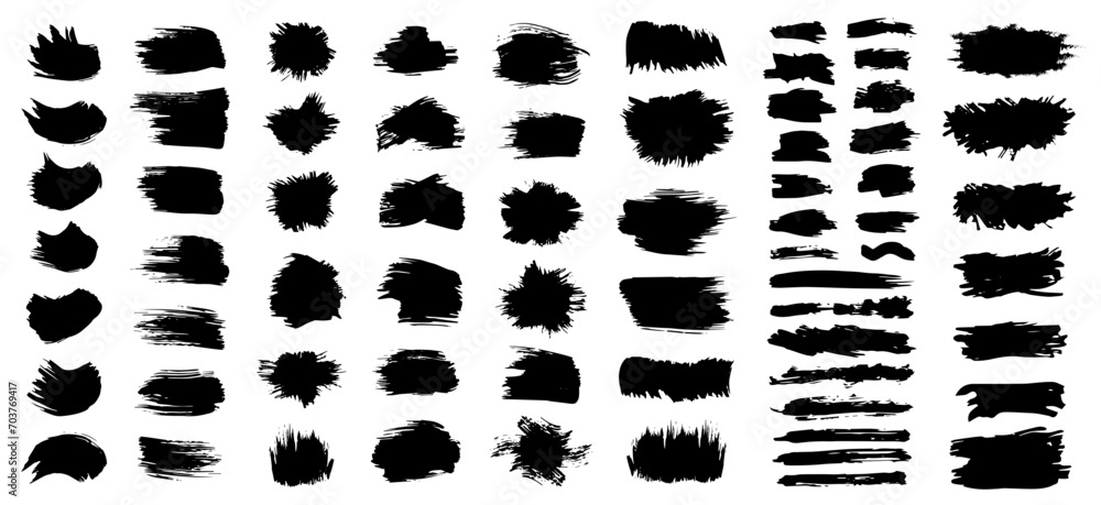 Set of black paint, ink brush strokes, brushes, lines. Dirty artistic design elements, boxes, frames for text. Vector illustration. Set of black paint, ink brush strokes, brushes, lines. Dirty artistic design elements, boxes, frames for text. Vector illustration.