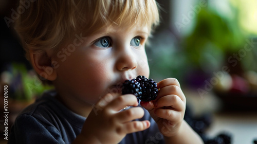 Cute little boy eating blackberries in the kitchen. Healthy food for children.