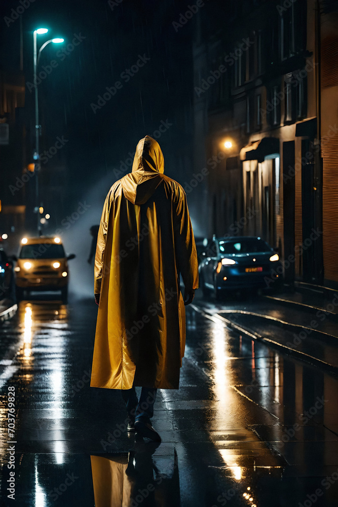mysterious man in hooded coat, walking away along a dark night street