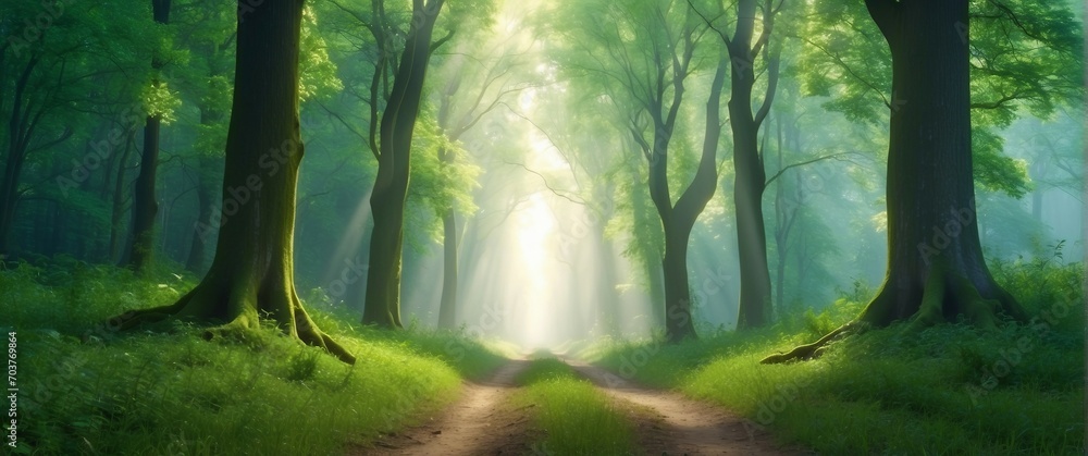 Obraz premium Tranquil woodland with lush foliage and sunlight streaming through trees. 